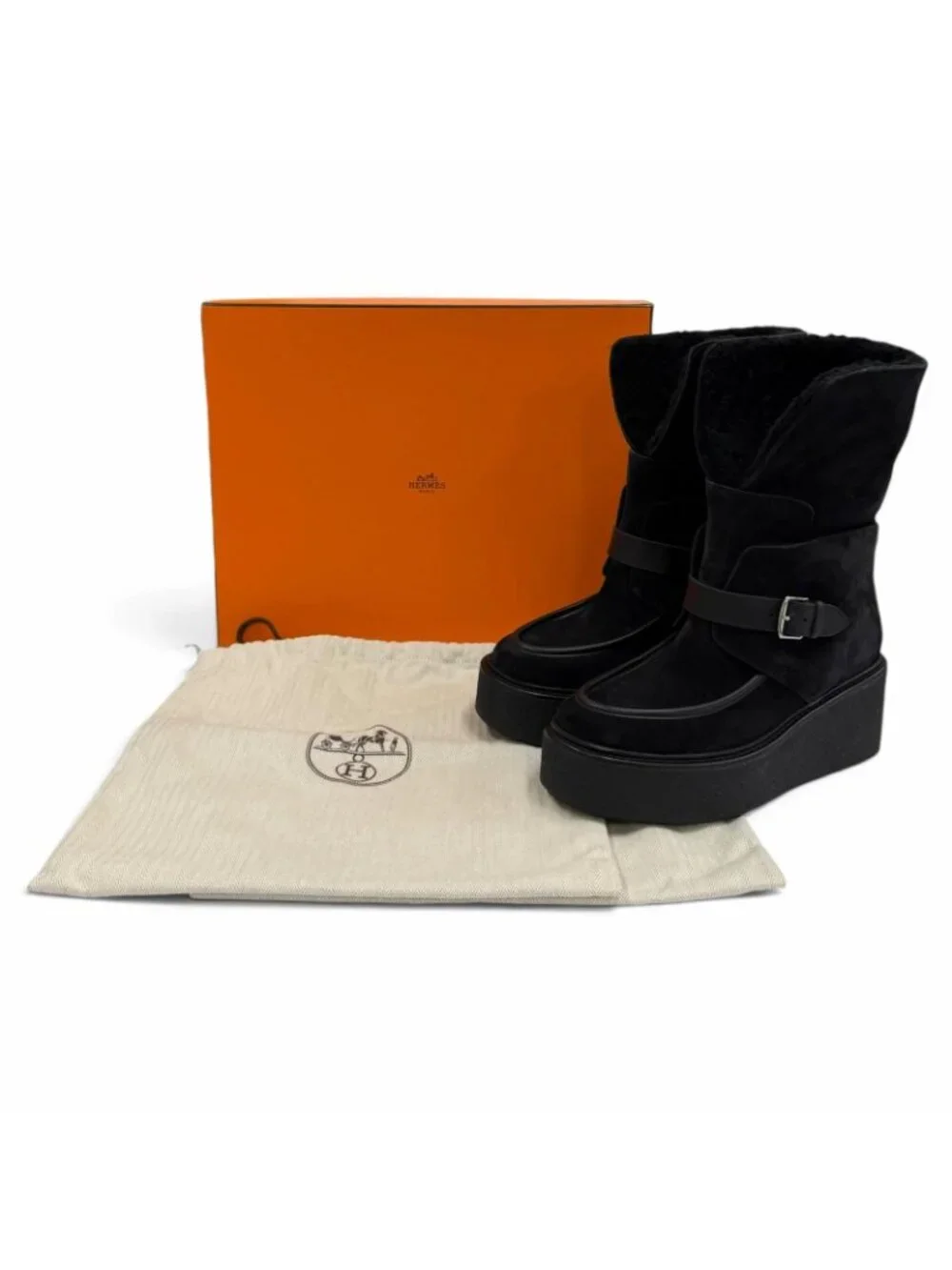 Hermes Emmisfer Suede Leather Shearling Belt Design Short Boots Black IT